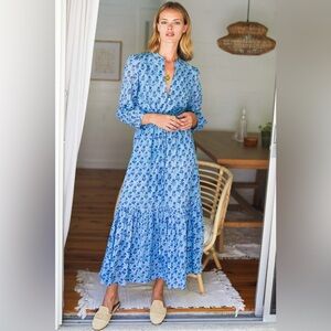 Emerson Fry SZ XS Frances 3 Little Marigolds Danube Block Print Maxi Dress Blue